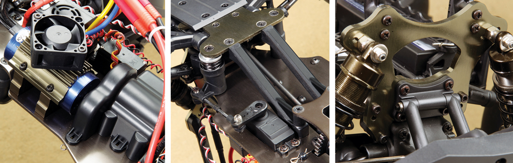 Left: The brushless motor is clamped in place with a heatsink mount and a large fan for extra cooling. Center: The steering assembly sits on the lower front plate while the servo is mounted to the upper chassis plates. The composite braces gives the truck a cool look while providing functional bracing. Right: The brushless motor is clamped in place with a heatsink mount and a large fan for extra cooling.
